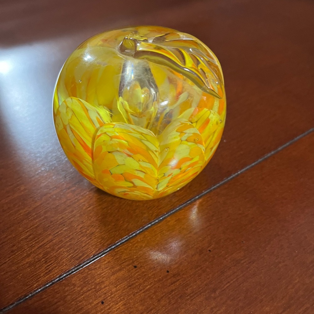 Handcrafted Glass Apple Paperweight - Yellow and Orange
